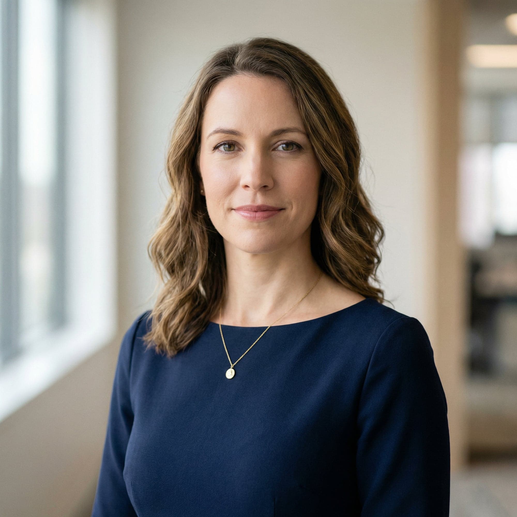 Foto profissional feminina gerada por IA — mulher com blusa azul marinho e colar dourado, fundo neutro de ambiente corporativo